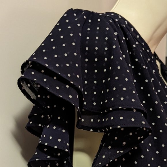 H&M Navy Blue V-neck Polk-A-Dot Midi Dress with Ruffled Sleeves & Tie Waist - Picture 5 of 11